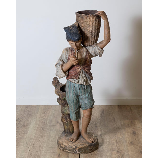 19th Century 19th Century Polychrome Painted Metal Figure of a Boy with Basket For Sale - Image 5 of 12
