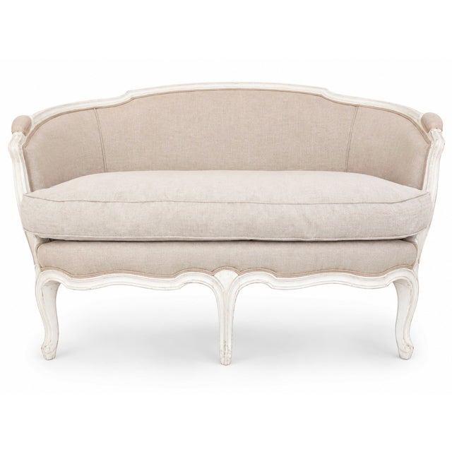 Elegant Louis XV Painted Settee in Natural Linen With Down-Filled Cushion For Sale - Image 4 of 4