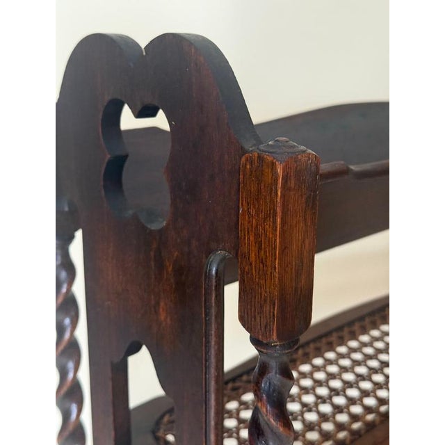 English Gothic Revival Oak Canterbury Bookcase with Original Cane, 1890 For Sale - Image 10 of 14