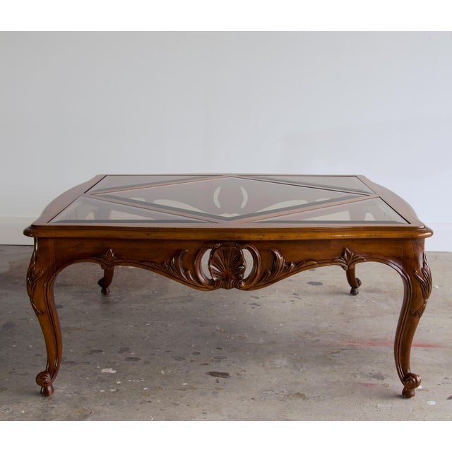 1970s Vintage Louis XV Style Carved Square Cocktail Table With Smoked Beveled Glass Harlequin Top, 1970's For Sale - Image 5 of 5