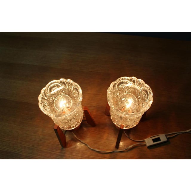 Mid-Century Czech Wood and Glass Table Lamps, 1970s, Set of 2 For Sale - Image 10 of 11