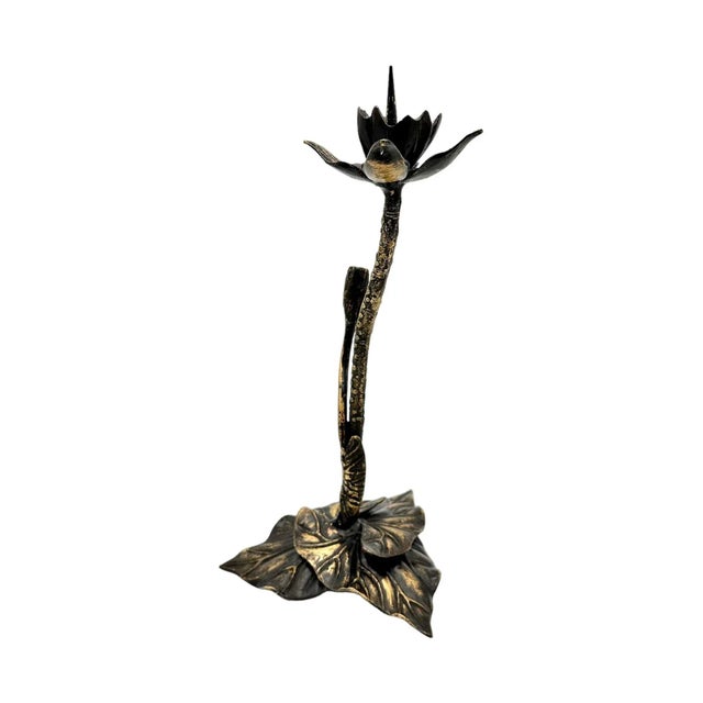 Arts & Crafts Antique Arts & Crafts Bronze Flower and Leaves Candleholder For Sale - Image 3 of 9