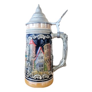 Vintage German Lidded Beer Stein Mug with Relief Town Views in Glazed Stoneware, 1950s For Sale