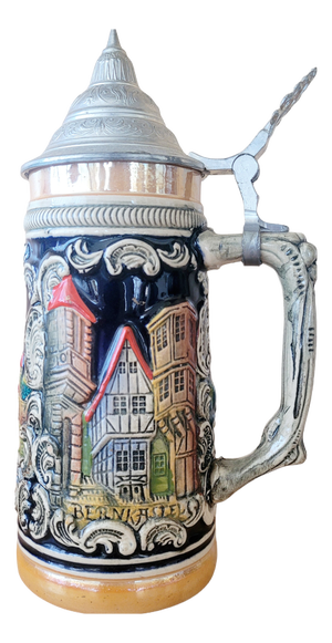 Vintage German Lidded Beer Stein Mug with Relief Town Views in Glazed Stoneware, 1950s