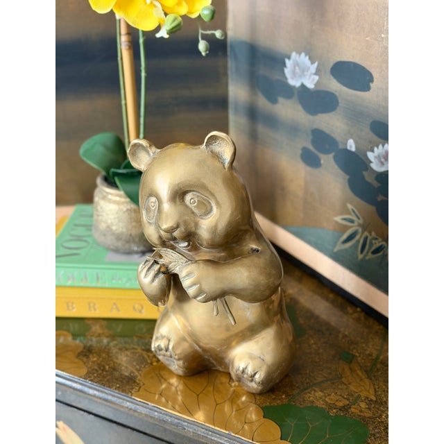 Vintage Brass Bronze Lucky Bamboo Panda Statue Sculpture Figure For Sale - Image 4 of 12