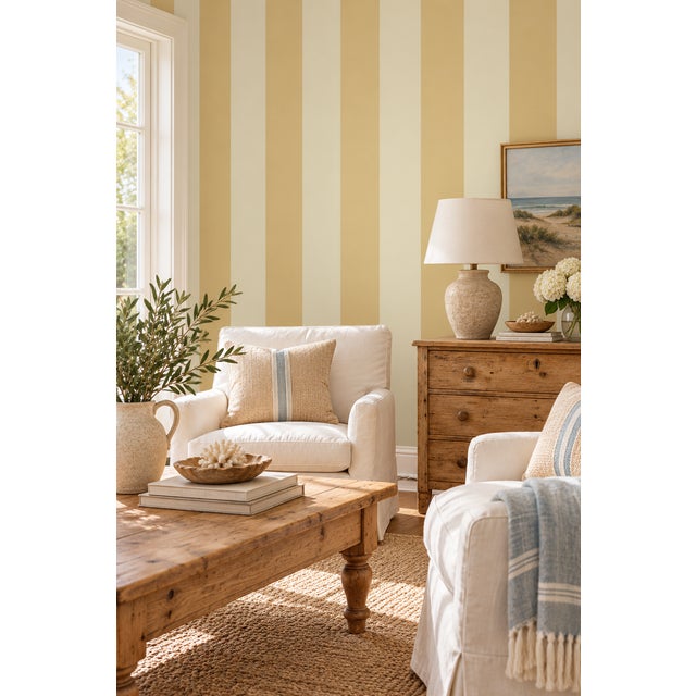 Modern Clubhouse Stripe Grasscloth Wallpaper by House Party | Neutral Rattan & Vanilla Cream | 6 Yards For Sale - Image 3 of 9