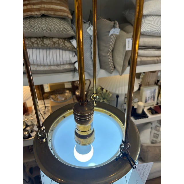 Traditional Late 20th Century Unlacquered Brass Hood Classic Pendant With 12-Inch Opal Globe With Wire Mesh For Sale - Image 3 of 12