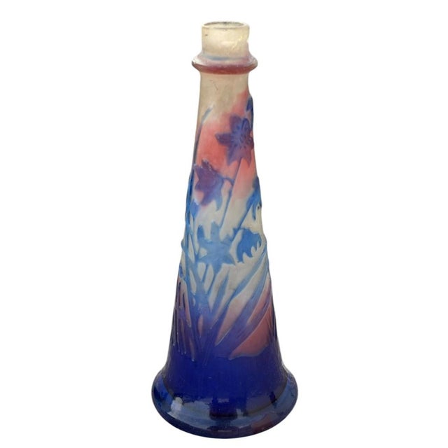Émile Gallé (1846-1904) Small glass vase with a trumpet-shaped body, milky white and pink background, decorated with a...