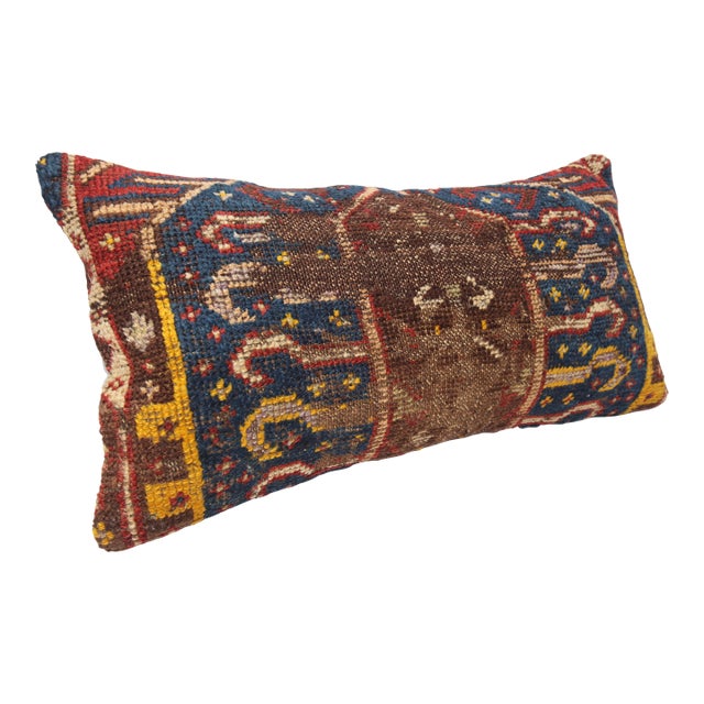 Authentic Antique Caucasian Rug Pillow Cover – Low‑Pile Wool Textile -15'' X 32'' For Sale
