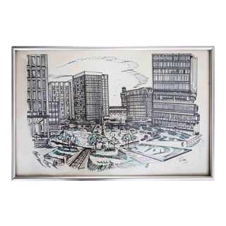 Vintage Architectural Cityscape Drawing For Sale