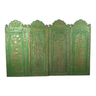 1930s Four Carved Indian Style Wooden Panels in Green For Sale
