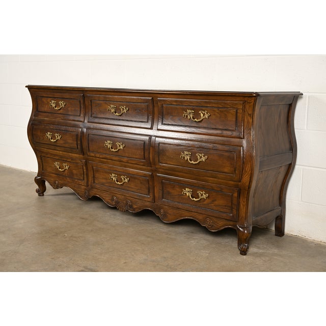 French Provincial Baker Furniture French Provincial Louis XV Carved Oak and Burl Wood Triple Dresser or Credenza For Sale - Image 3 of 16