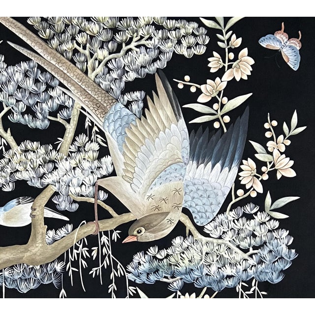 Hand Painted Chinoiserie Wallpaper Mural, Luxury Bird and Floral Wall Decor, Traditional Asian Botanical Wall Covering For Sale