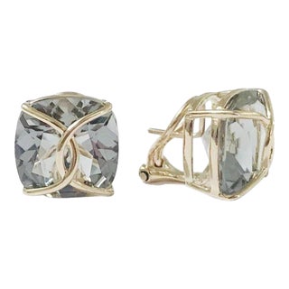 Christina Addison Green Amethyst Cushion Stud Earring With Yellow Gold Wire Wrap - a Pair For Sale