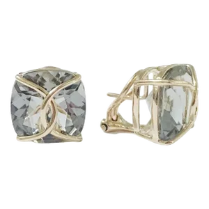 Christina Addison Green Amethyst Cushion Stud Earring With Yellow Gold Wire Wrap - a Pair
