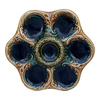French Green Majolica Oyster Plate, Circa 1900 For Sale
