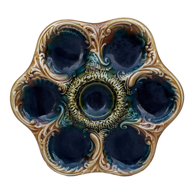 French Green Majolica Oyster Plate, Circa 1900 For Sale