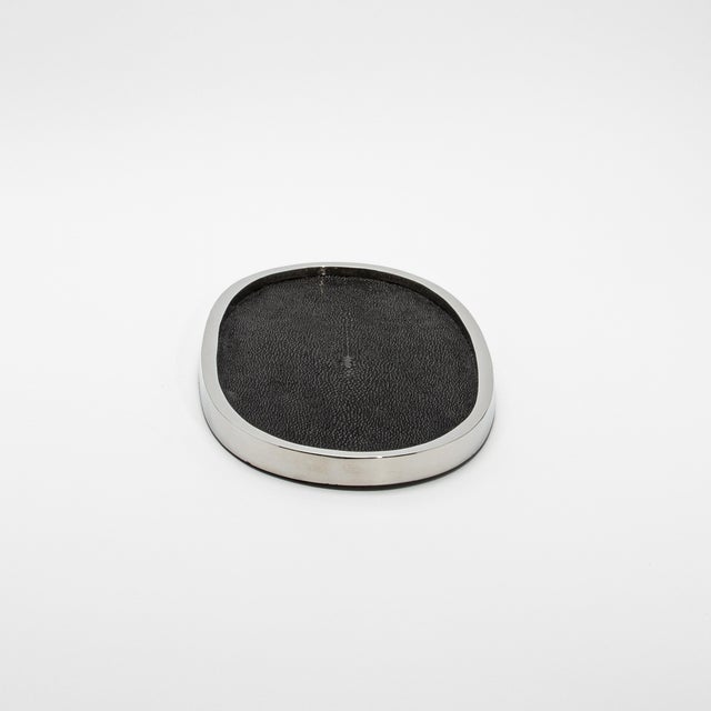 Modern Oval Tray in Black Shagreen With Polished Stainless Steel by Kifu Paris For Sale - Image 3 of 8