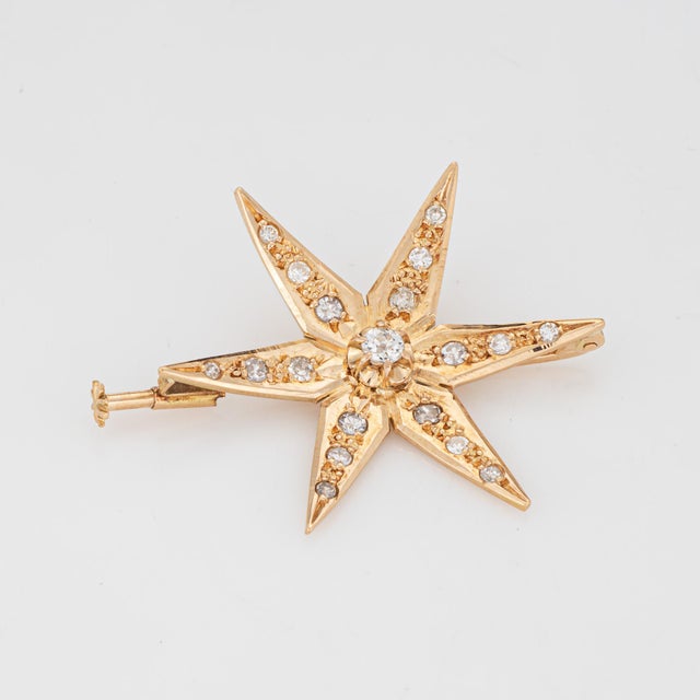 Vintage Diamond Star Pendant 14k Gold Brooch Mid Century Celestial Jewelry For Sale - Image 4 of 5