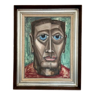 Mid-Century Cubist Abstract Man With Blue Eyes Portrait Painting For Sale
