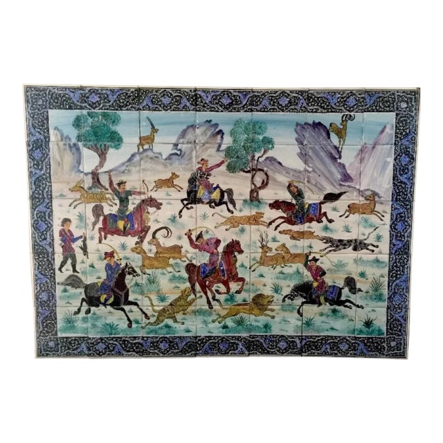 Hand Painted Persian Tile Panel Hunt Scene / Persian Miniature Mosaic Art For Sale