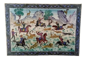Hand Painted Persian Tile Panel Hunt Scene / Persian Miniature Mosaic Art
