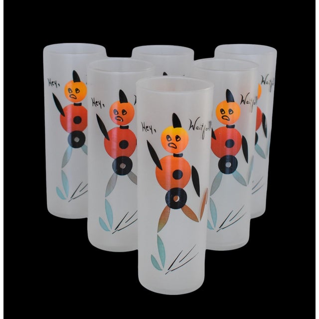 Vintage late 50s set of six Federal Glass "Hey, Wait For Me!" frosted Tom Collins Zombie tumblers. This whimsical mid...