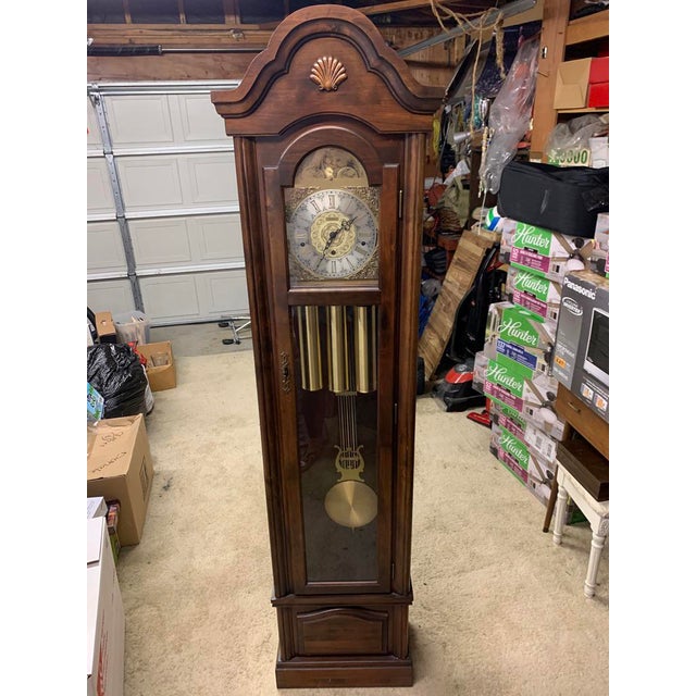 Vintage Appalachian Oak Grandfather Floor Clock With Hermle Black Forest Brass Movement and Moon