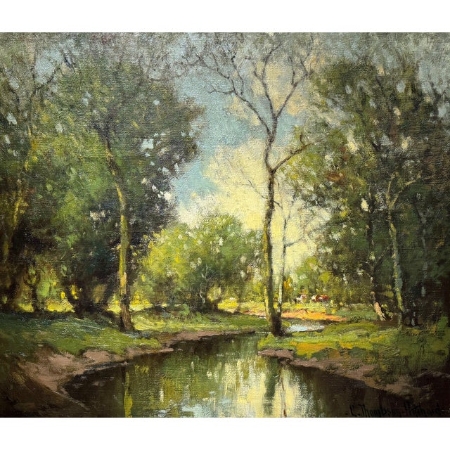 River landscape painting in oil by George Thompson Pritchard, serene and atmospheric with classical brushwork. Pritchard...