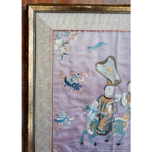 19th Century Chinese Fine Silk Embroidered Panel With Figures on Purple Ground For Sale - Image 4 of 16