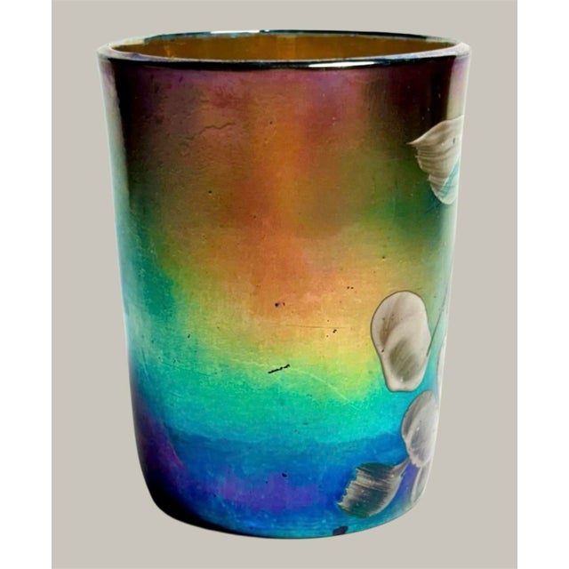 Small Antique Highly Iridescent Art Nouveau Glass Vase W/ Enameled Floral Decor For Sale - Image 4 of 8