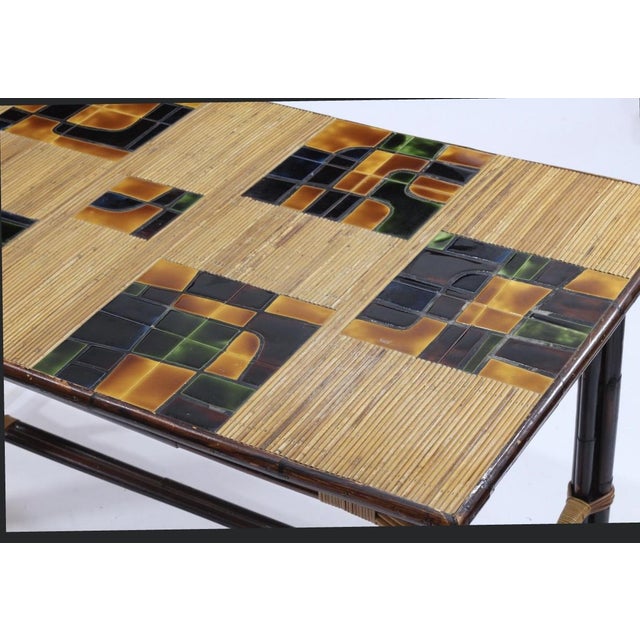 Dining Table in Stained Rattan, Bamboo and Ceramic by Adrien Audoux and Frida Minet, 1950s For Sale - Image 13 of 13