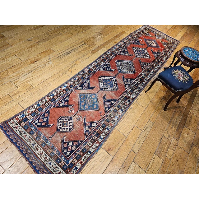 Antique Persian Kurdish Bidjar Runner Rug, Hand-Knotted Wool, Geometric Pattern, Terracotta & Navy, 3x13 For Sale - Image 4 of 17