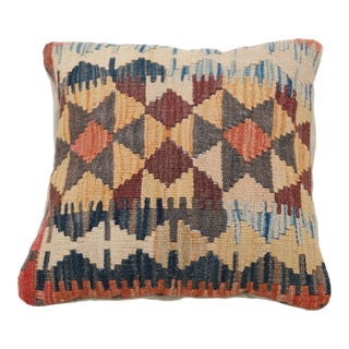 Arteverk Handwoven Afghan Kilim Pillow — Beige & Blue Diamond Lattice For Sale