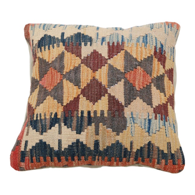 Arteverk Handwoven Afghan Kilim Pillow — Beige & Blue Diamond Lattice For Sale