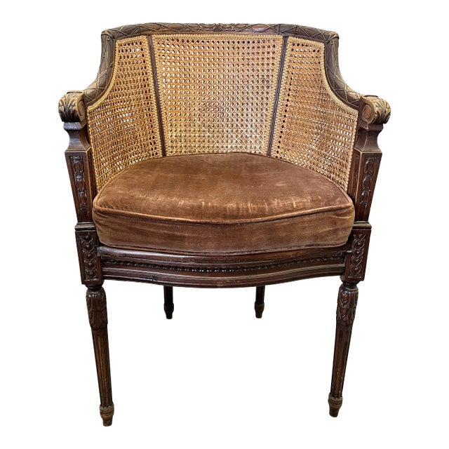 Early 20th Century French Cane and Carved Wood Occasional Chair For Sale