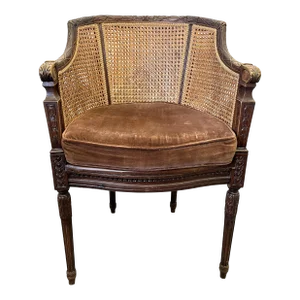 Early 20th Century French Cane and Carved Wood Occasional Chair