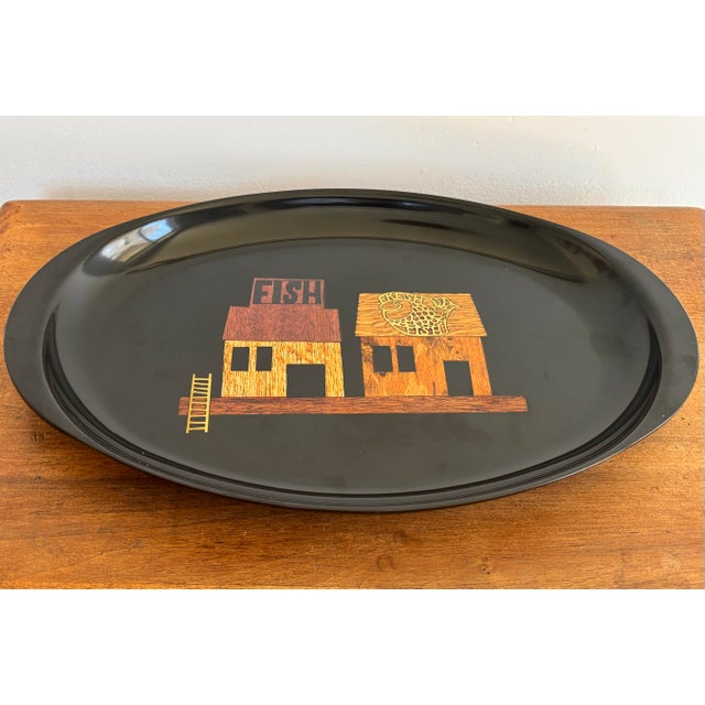 Wood Vintage Black Lacquer Couroc Fish House Tray With Wood and Brass Inlay For Sale - Image 7 of 7