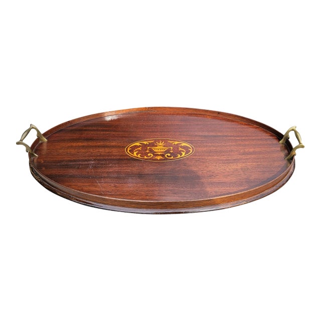 English George III Mahogany Gallery and Inlay Serving Tray With Brass Handles For Sale
