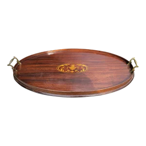 English George III Mahogany Gallery and Inlay Serving Tray With Brass Handles