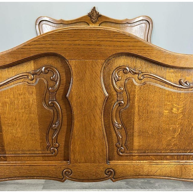 Vintage French Louis XVI Oak Double Bed Frame with Carved Headboard For Sale - Image 4 of 12