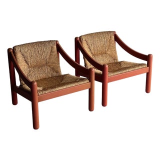 Pair of Vintage Red Lacquered Rush Lounge Chairs, Attributed to Vico Magistretti For Sale