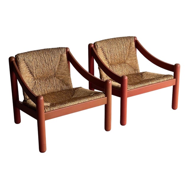 Pair of Vintage Red Lacquered Rush Lounge Chairs, Attributed to Vico Magistretti For Sale