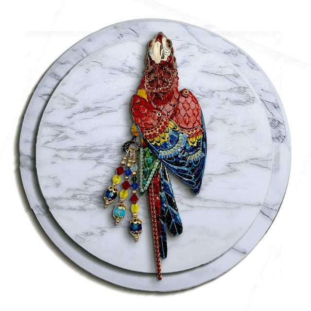Vintage Lunch at the Ritz Macaw Parrot Brooch Moveable Enamel Statement Pin For Sale - Image 9 of 13