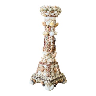 Vintage Handcrafted Coastal Seashell Encrusted Wood Pedestal Candleholder For Sale