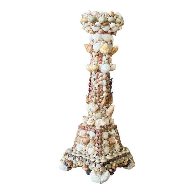 Vintage Handcrafted Coastal Seashell Encrusted Wood Pedestal Candleholder For Sale