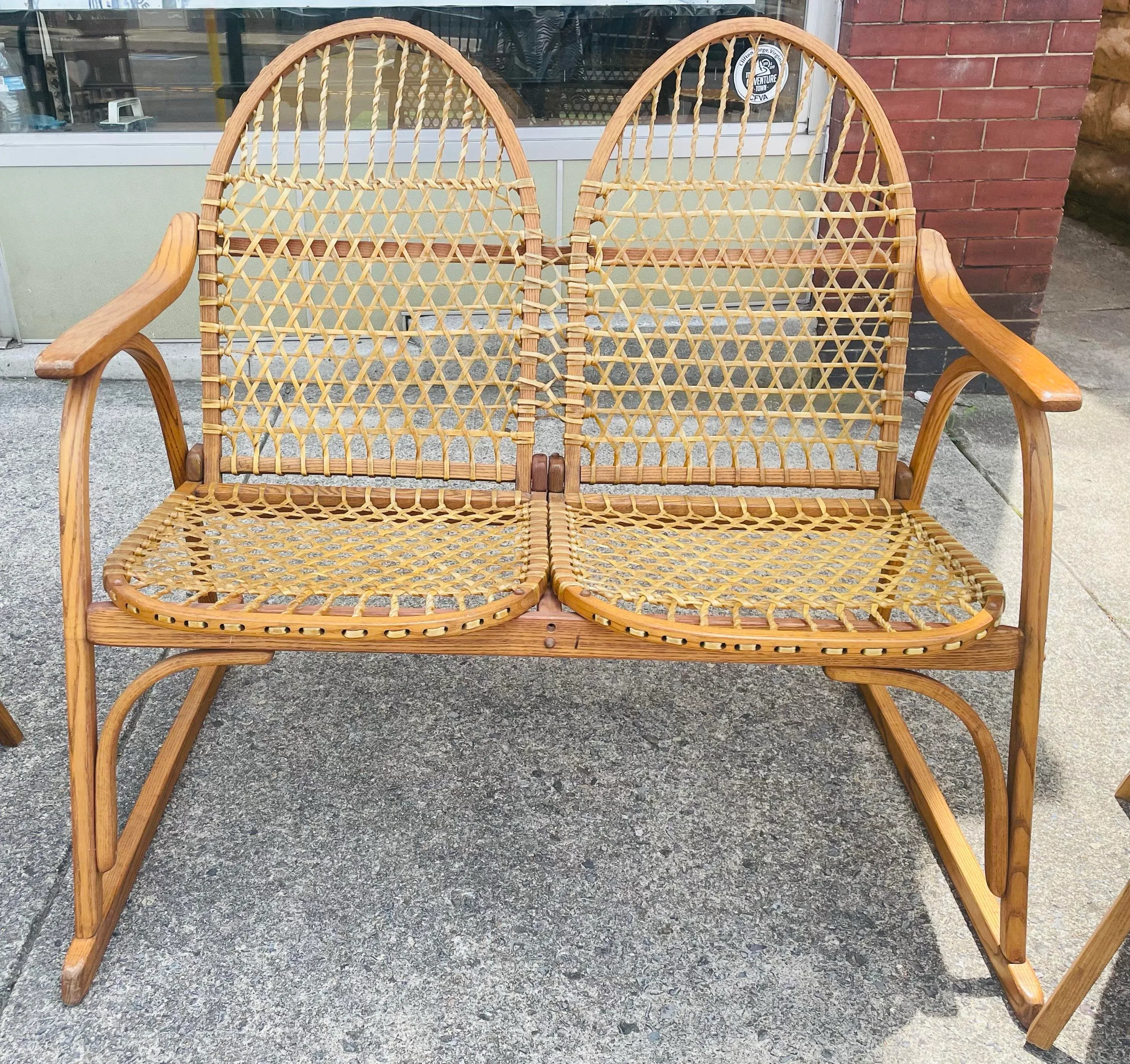 Mid 20th Century Vermont Tubbs Snowshoe Caned Double Rocker Bench