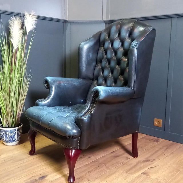 Animal Skin Chesterfield Barrelback Blue Club Chair, 1970s For Sale - Image 7 of 18