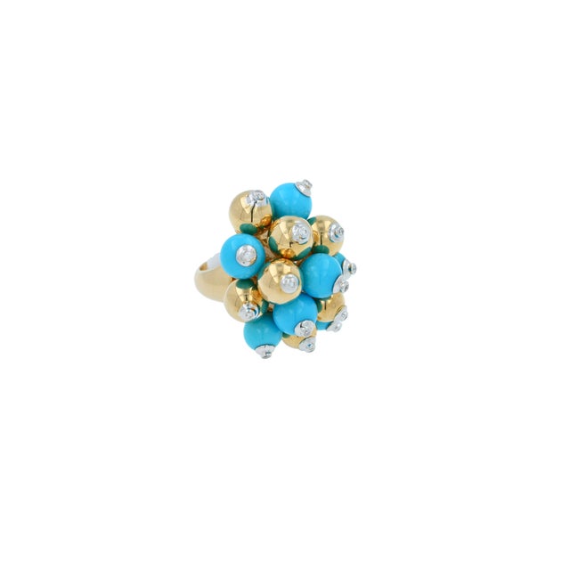 Blue Turquoise Diamonds Golden Spheres Balls Christmas Bells Motif 18k Gold Ring, Size 6 For Sale - Image 9 of 14