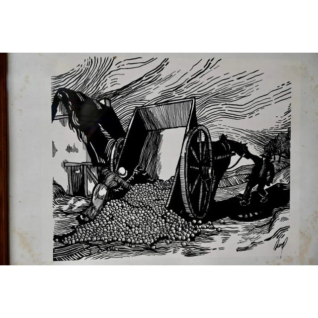 Rustic Large Woodcut Peasant Scene, 1890s, Glass & Wood & Paper For Sale - Image 3 of 7